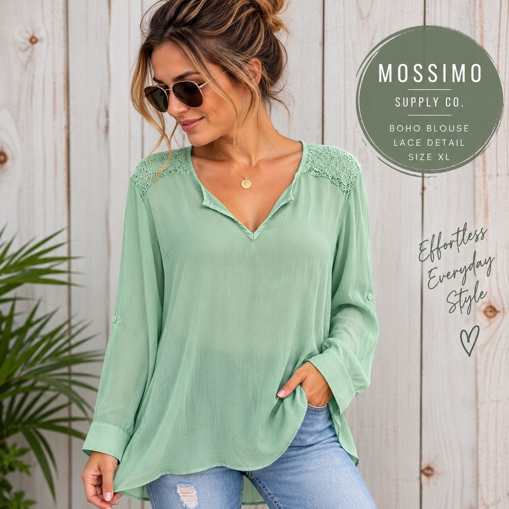 Mossimo Mint Green Lace Shoulder Roll Tab Sleeve Sheer Blouse XL